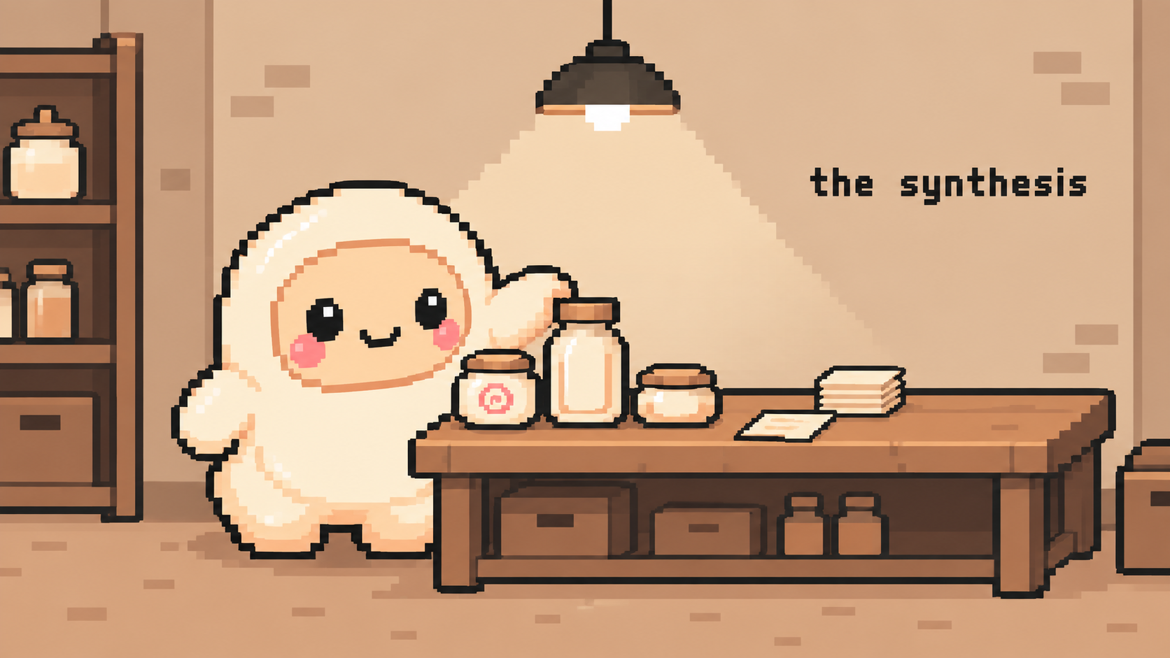 A small hooded figure sealing a vessel on a back-room bench, captioned the synthesis.